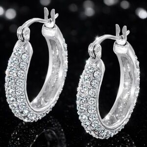 Micro Pave Set Cz Swarovski Crystal Element Huggie Hoop ladies Earrings Silver